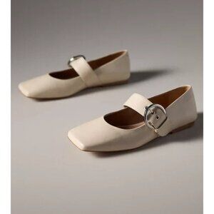 By Anthropologie Leather Square-Toe Nude Beige Mary Jane Flats 41/10